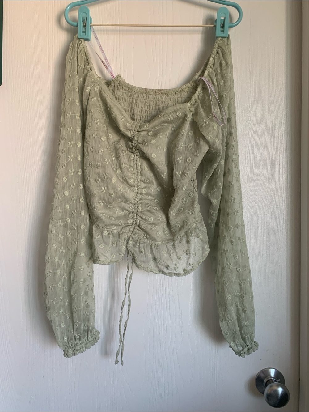 Trending Guess Light Sage Sheer Floral Peasant Blouse